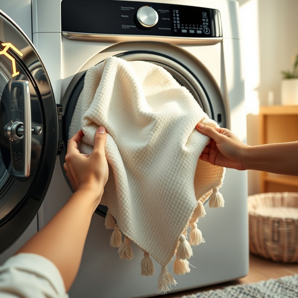 Une couverture légère et texturée ornée de pampilles est doucement retirée d'une machine à laver moderne, la porte grande ouverte dévoilant le tissu propre et doux. Les mains montrent délicatesse et attention, illustrant le soin apporté. L'environnement contemporain met en avant une ambiance chaleureuse et ordonnée, symbolisant le confort domestique.