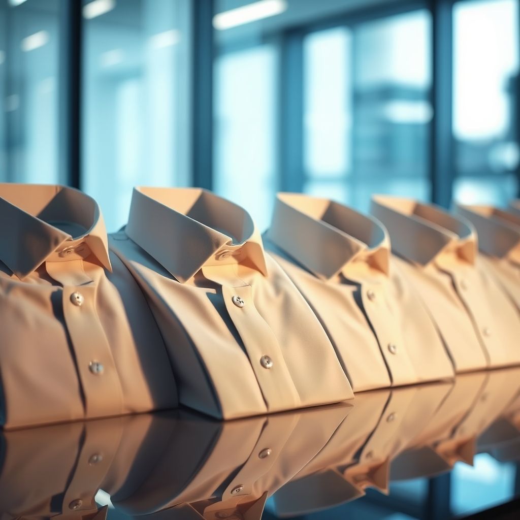 Une série organisée de chemises impeccablement repassées et protégées, offrant une variété de couleurs douces et motifs élégants, dans un cadre professionnel lumineux, prête à être remise aux clients, illustrant soin et qualité.