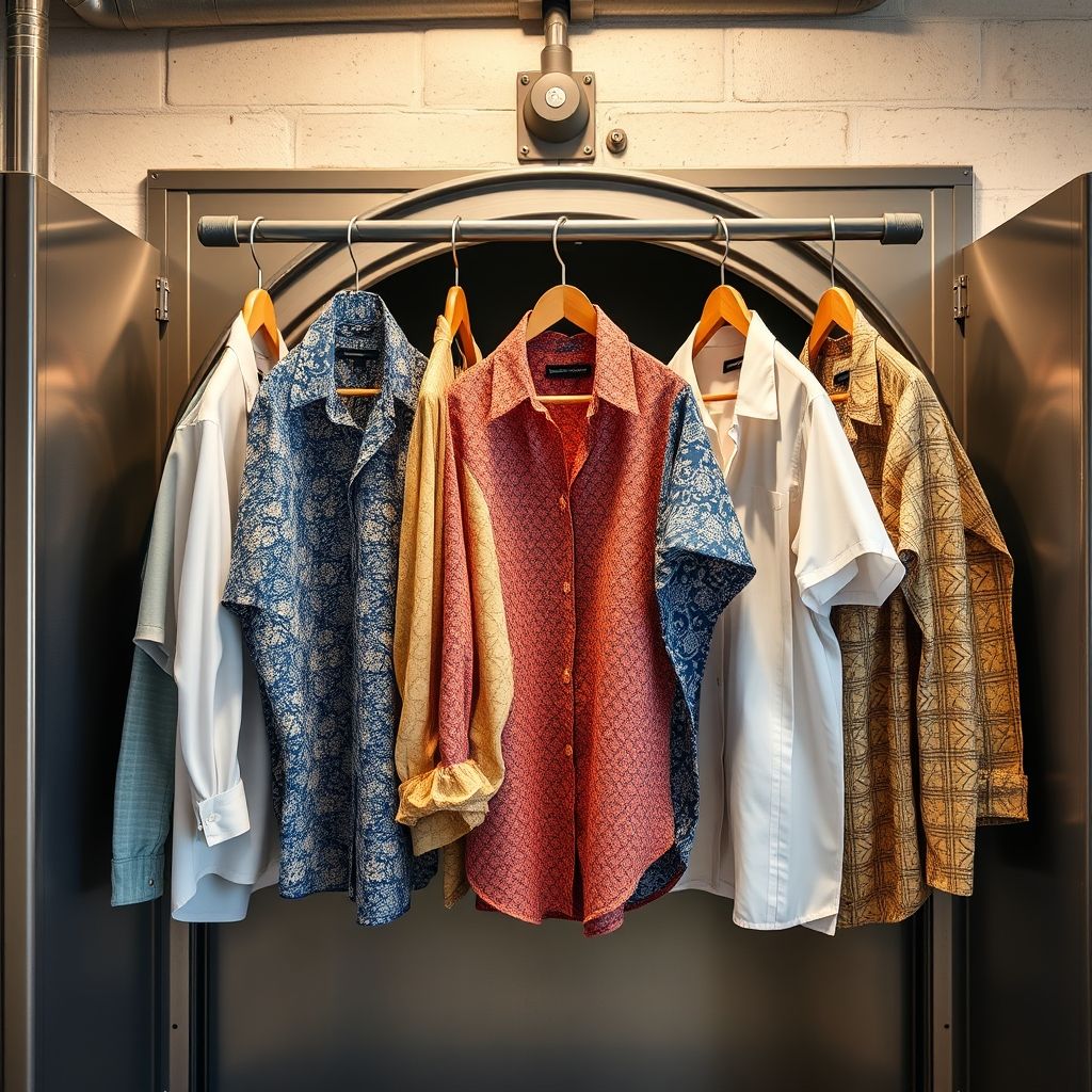 Une collection vibrante de chemises impeccablement repassées suspendues sur un porte-manteau métallique, présentant une variété de couleurs et motifs allant des pastels doux aux tons plus profonds comme le bleu et le beige. Chaque chemise arbore un col net, dont un col à motif unique attire particulièrement l’attention. L’arrière-plan montre un cadre industriel flou, évoquant un centre de nettoyage professionnel où la lumière douce accentue la fraîcheur des vêtements. L’agencement ordonné des chemises dégage une atmosphère de propreté et de professionnalisme.