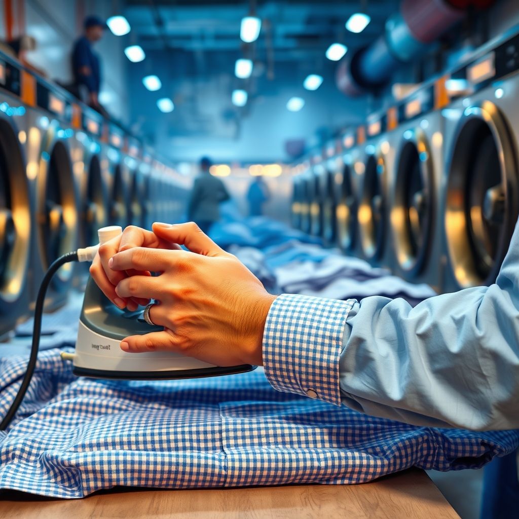 Une main saisit la poignée d'un fer à vapeur traditionnel, pressant avec assurance une chemise à carreaux bleus soigneusement étalée, le tissu lisse brillant sous la vapeur. En arrière-plan, un environnement de blanchisserie actif, avec un éclairage doux mettant en valeur le soin apporté. La personne porte un uniforme bleu clair, signe de professionnalisme et d'attention aux détails. La scène dégage un calme concentré, illustrant le soin méticuleux appliqué pour un repassage parfait.
