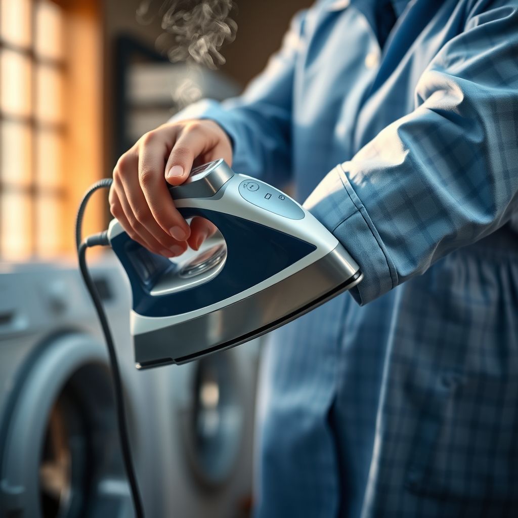 Une main saisit la poignée d'un fer à vapeur traditionnel, pressant avec assurance une chemise à carreaux bleus soigneusement étalée, le tissu lisse brillant sous la vapeur. En arrière-plan, un environnement de blanchisserie actif, avec un éclairage doux mettant en valeur le soin apporté. La personne porte un uniforme bleu clair, signe de professionnalisme et d'attention aux détails. La scène dégage un calme concentré, illustrant le soin méticuleux appliqué pour un repassage parfait.