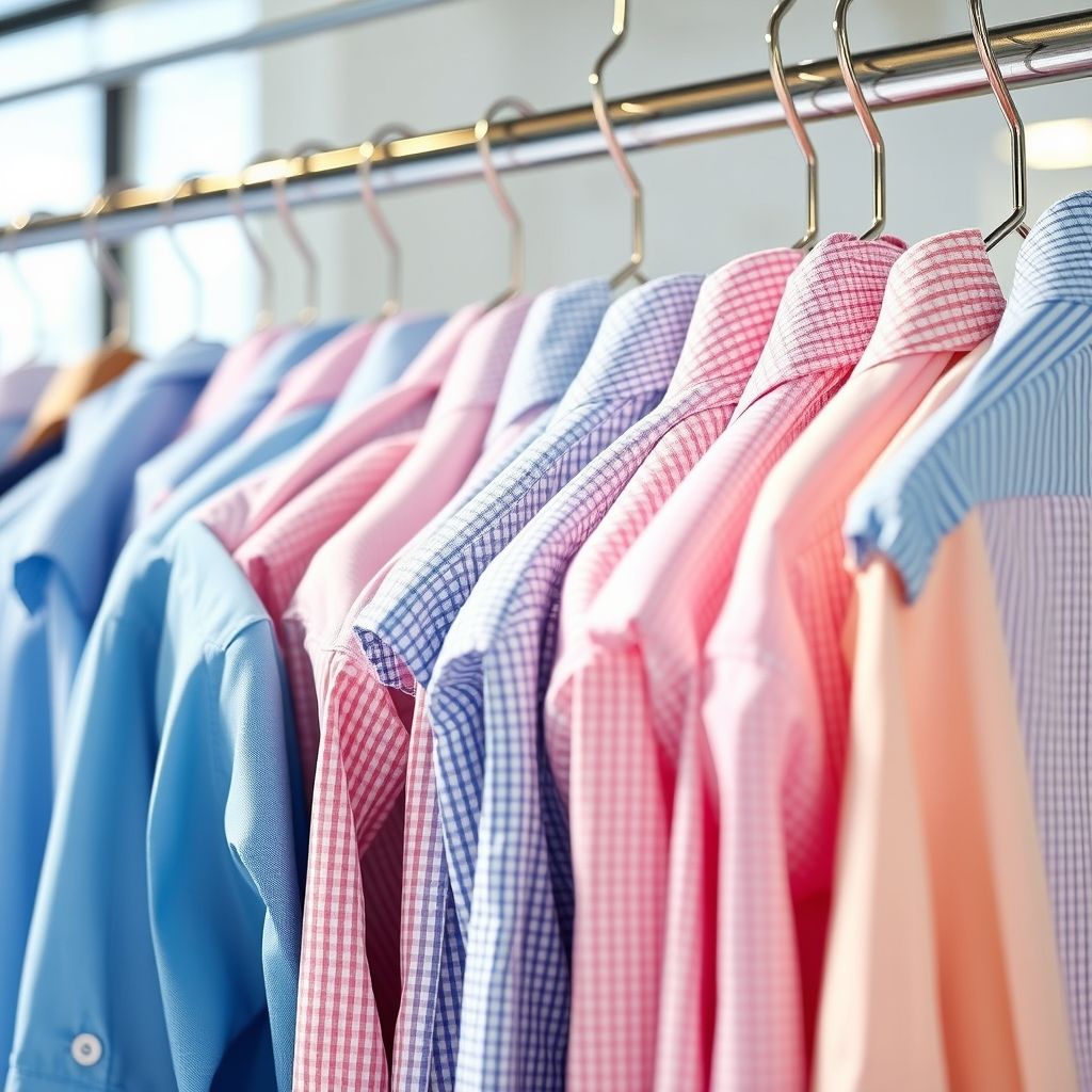 Une rangée ordonnée de chemises colorées impeccablement repassées suspendues sur des cintres métalliques, chacune protégée par une housse transparente garantissant leur fraîcheur. Les chemises présentent divers coloris et motifs, du bleu clair au rose en passant par les carreaux, soigneusement espacées dans un environnement professionnel lumineux. La scène exprime une attente prête pour la remise aux clients, soulignant l’élégance et le soin apporté à chaque pièce.