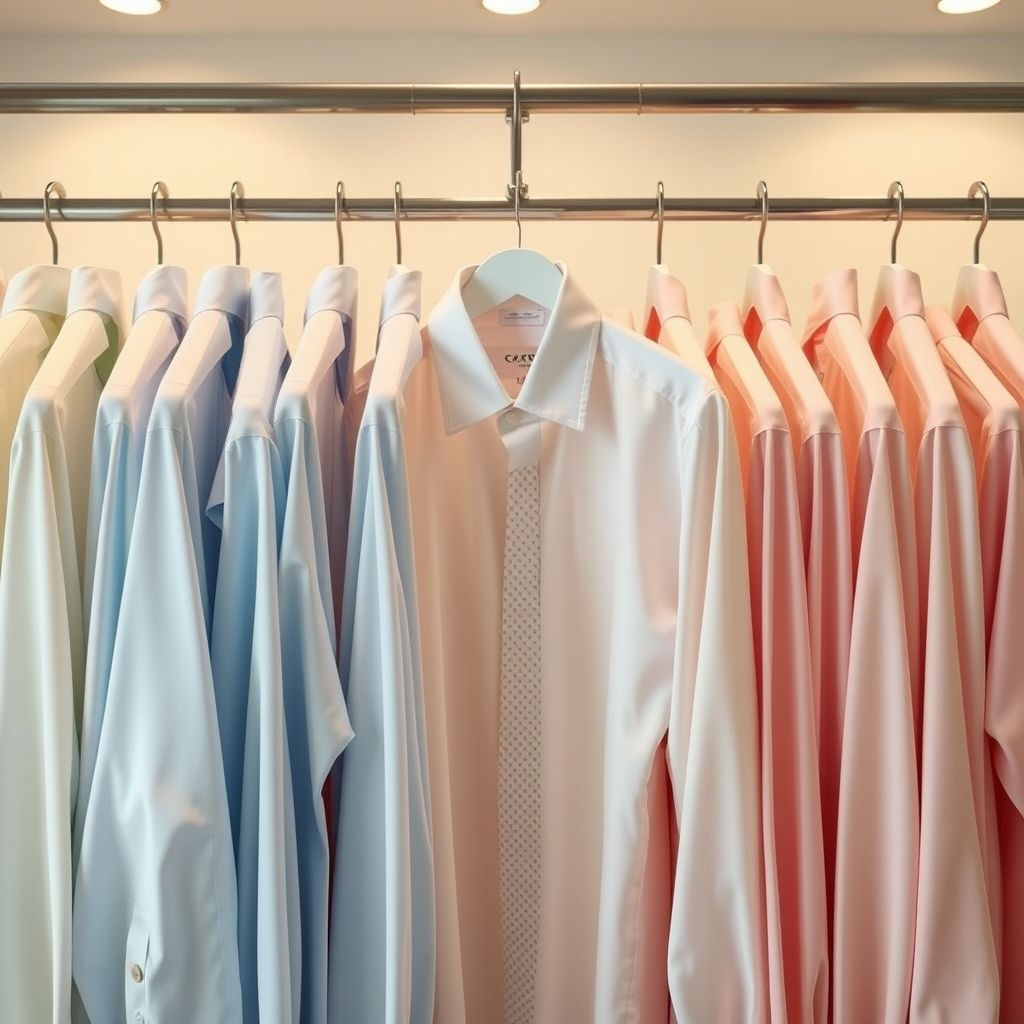 Une collection de chemises suspendues, soigneusement rangées par couleurs douces allant du bleu clair au rose, en passant par le crème et un modèle blanc à col à motifs. L’arrière-plan suggère un centre de nettoyage professionnel avec un espace de travail organisé. L’éclairage uniforme met en valeur la propreté et le soin apporté aux textiles, expriment une atmosphère de sophistication et de préparation pour des occasions formelles.