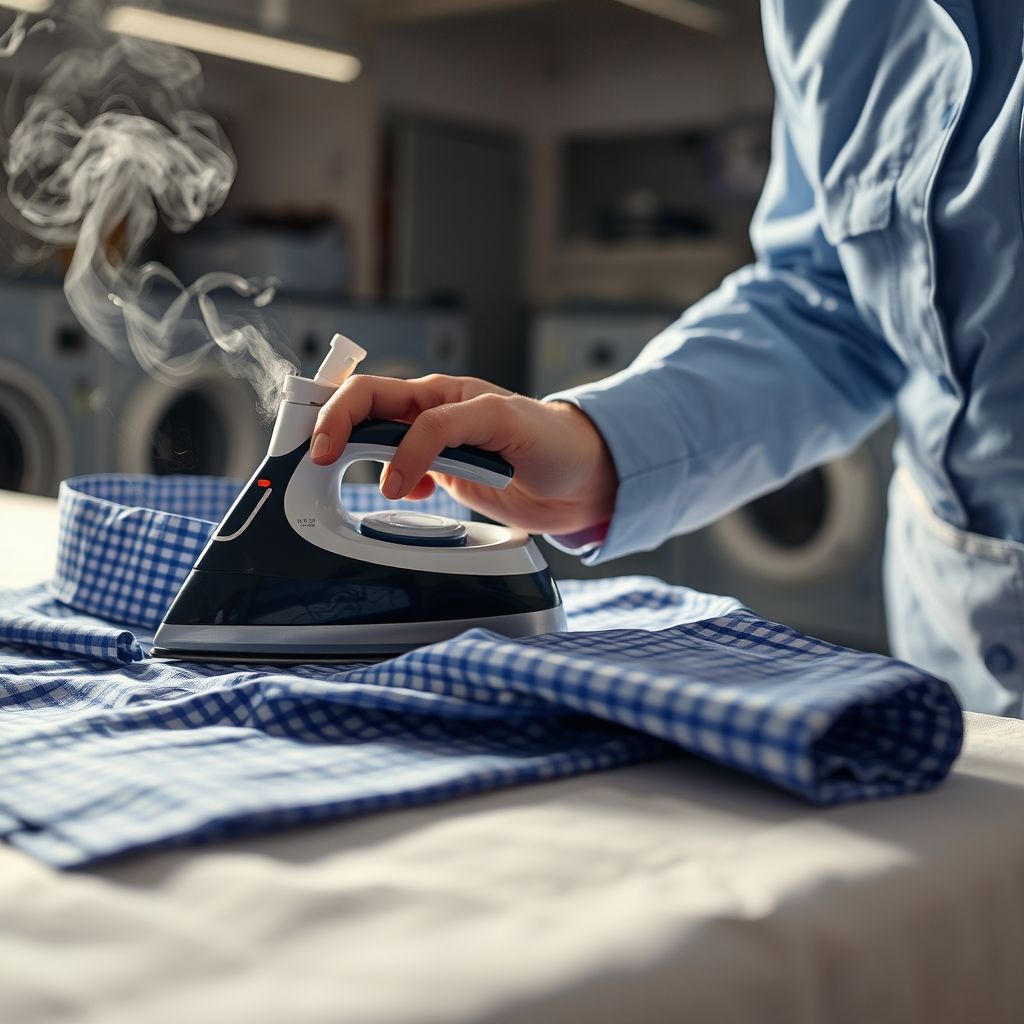 Une main saisit la poignée d'un fer à vapeur traditionnel, pressant avec assurance une chemise à carreaux bleus soigneusement étalée, le tissu lisse brillant sous la vapeur. En arrière-plan, un environnement de blanchisserie actif, avec un éclairage doux mettant en valeur le soin apporté. La personne porte un uniforme bleu clair, signe de professionnalisme et d'attention aux détails. La scène dégage un calme concentré, illustrant le soin méticuleux appliqué pour un repassage parfait.