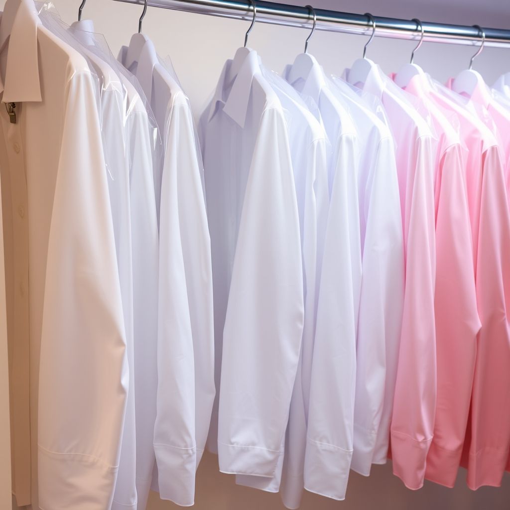 Des rangées de chemises élégamment disposées, protégées par des housses transparentes pour préserver fraîcheur et propreté, montrant une palette de couleurs douces et pastel. L’éclairage doux souligne la présentation soignée et le professionnalisme du centre de nettoyage à sec. Cette sélection invite à découvrir un service haut de gamme et organisé.